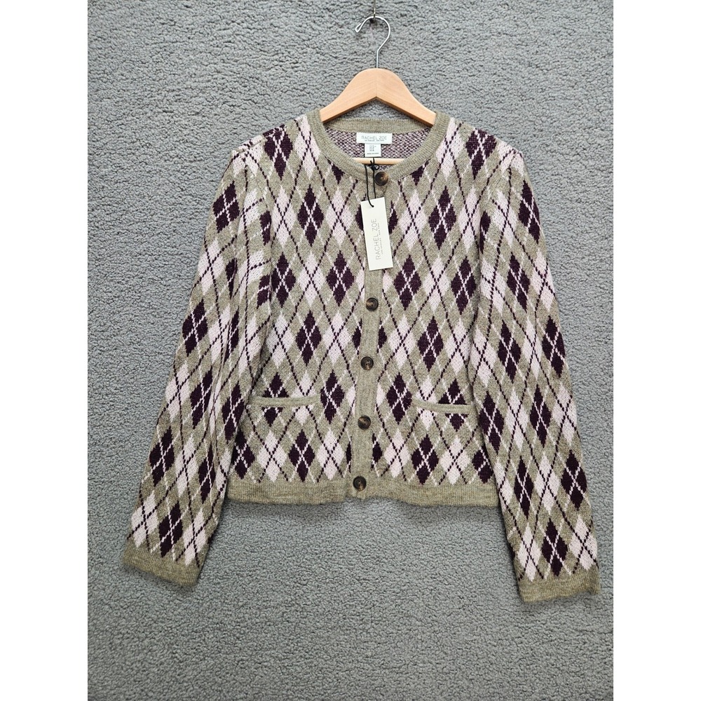 NWT Rachel Zoe Cardigan Sweater M Green Purple Argyle Preppy Academia Knit